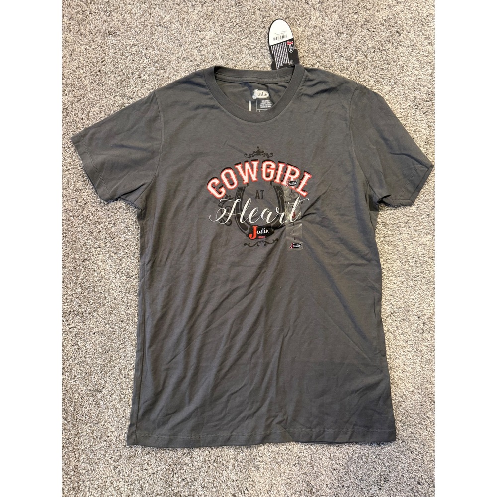 Justin T Shirt Womens L Charcoal Cowgirl At Heart Graphic Western Short Sleeve